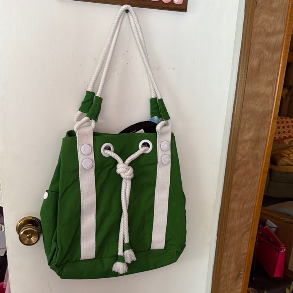 Green and White Canvas Tote with Rope Straps